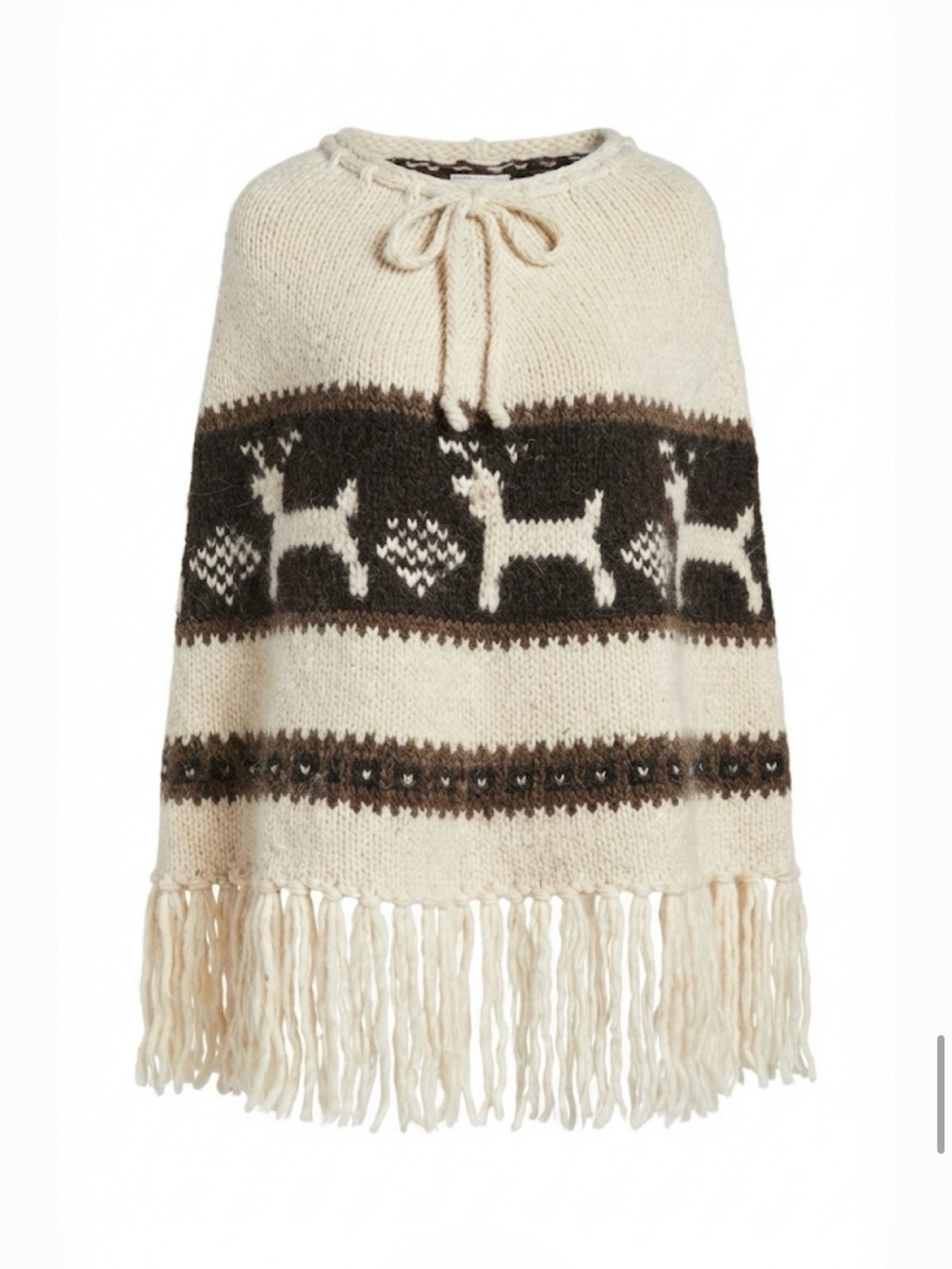 Vintage Poncho Nordic Reindeer Knit Cream Brown Winter Boho